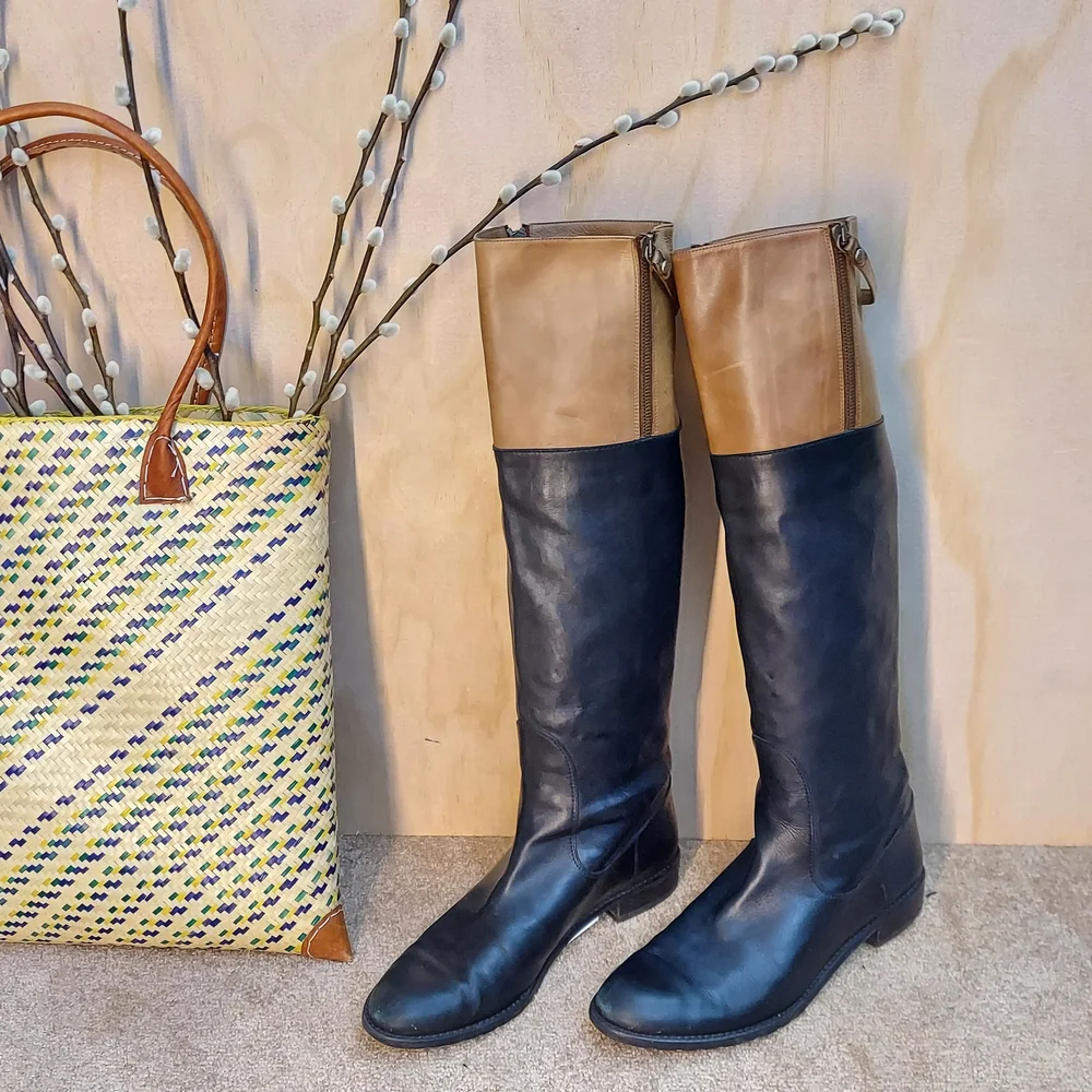 Stuart Weitzman 2-Tone Leather Riding Boots, Sz 8 - Picture 1 of 10
